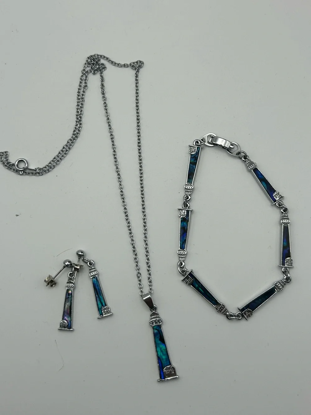 Silver Tone Blue Abalone Inlay Jewelry Set - Necklace, Bracelet & Earrings (7)